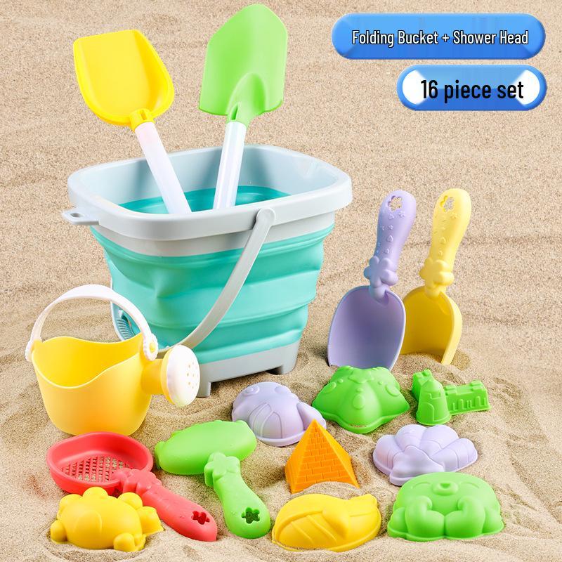 Cross-border Kid's Beach Toy Set: Folding Bucket, Shovel, Sand Tools & Sandglass Accessories