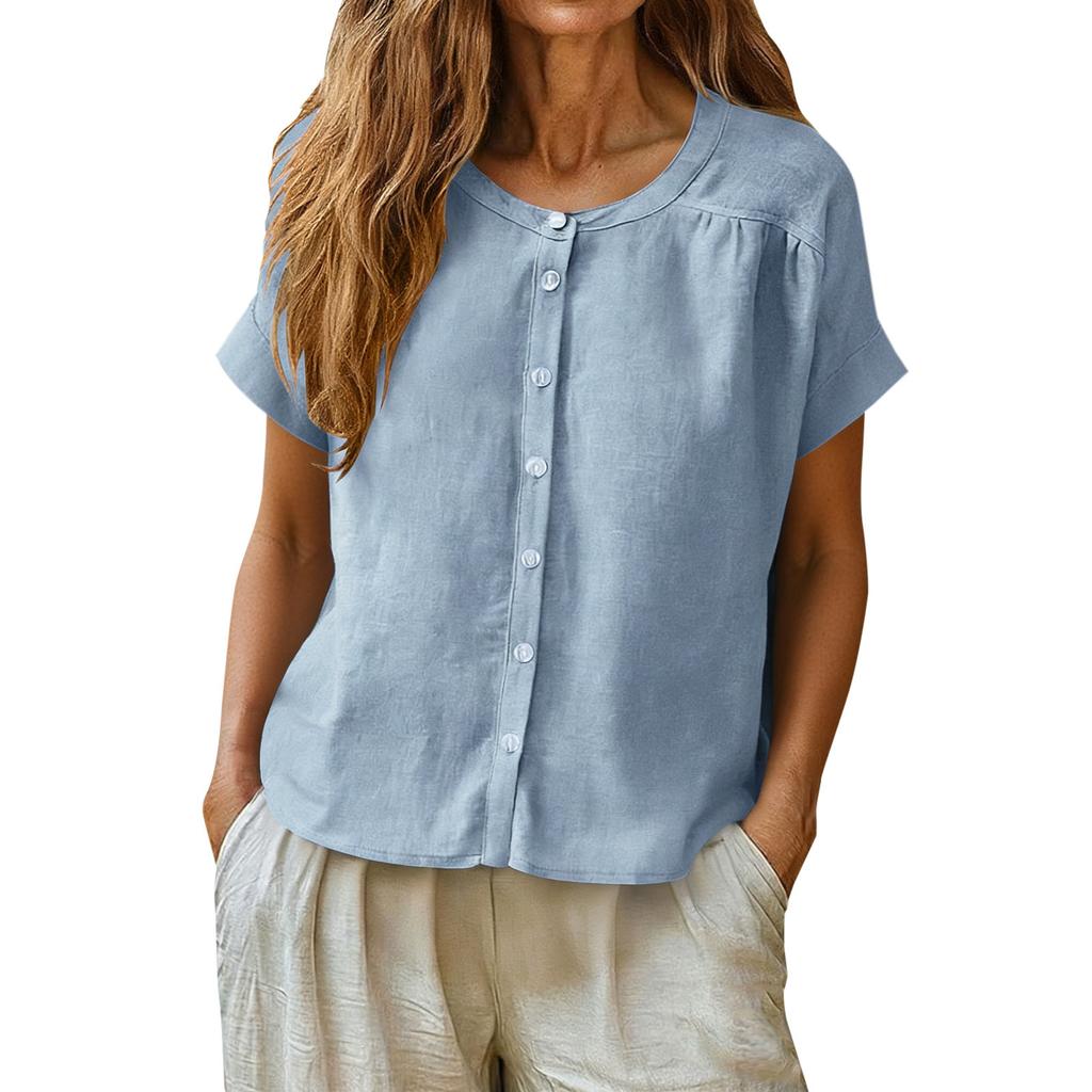 Womens Button Down Short Sleeve Blouse Loose Fit Casual Linen Shirt Crew Neck Lightweight Summer Top