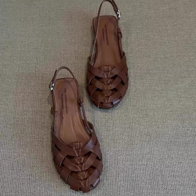 Sheepskin version~ Hollow and breathable pineapple head Roman shoes women's niche leather woven back strap flat-bottomed bag head sandals