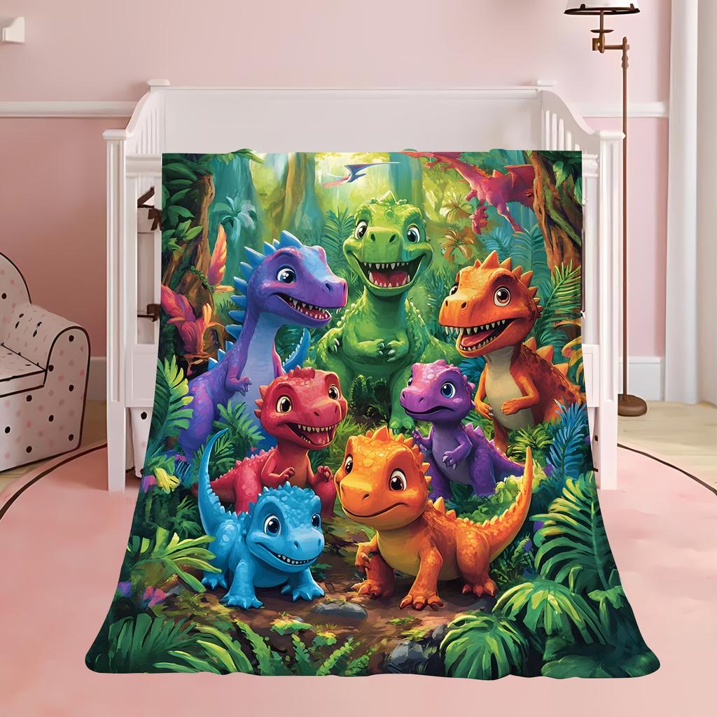 Cartoon Dinosaur Jungle Pattern Flannel Printed Blanket Suitable for All Seasons Suitable for Living Room Office Sofa and Travel