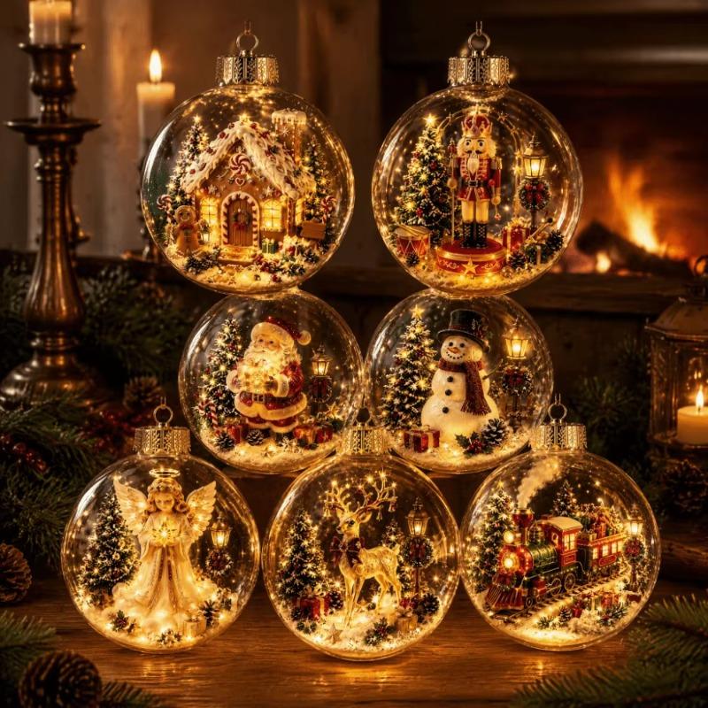 Akrylová vánoční koule s osvětlením, průhledný design, závěsná vánoční dekorace, velikost 8 cm, přívěsek Santa Clause