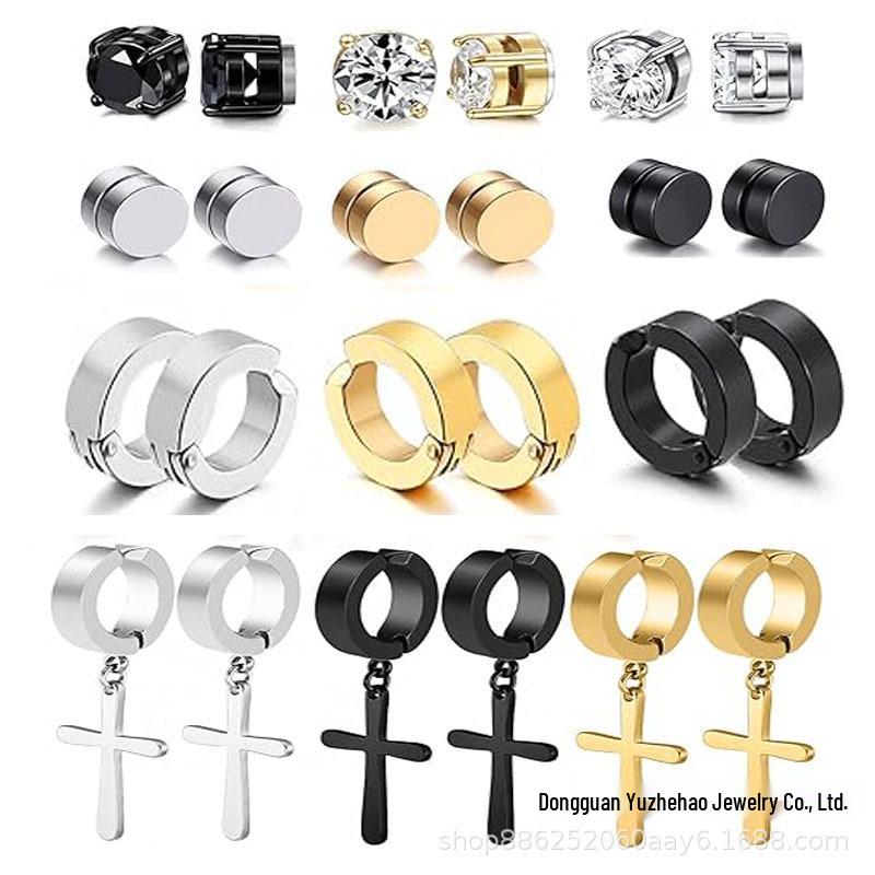 Магнитный набор сережек с цирконами без прокола: 12 пар с крестом