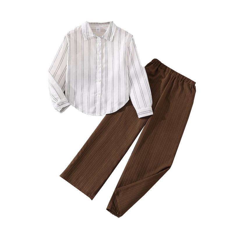 Children's Clothing Autumn New Children's Lapel Striped Long Sleeve Shirt Top Pants Boys and Girls Set