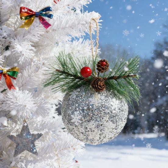 Glitter Christmas Ball Ornament Sequins Foam Ball Ornaments with Berry Pinecones Christmas Tree Hanging Decorations