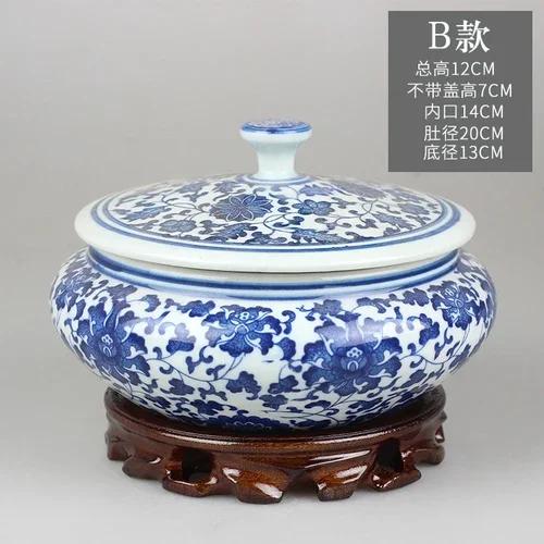 Vintage Ceramic Storage Jar with Lid Blue Flower Pattern Tea Caddy Living Room Ornament Flat Belly Ceramics Jar Home Decoration