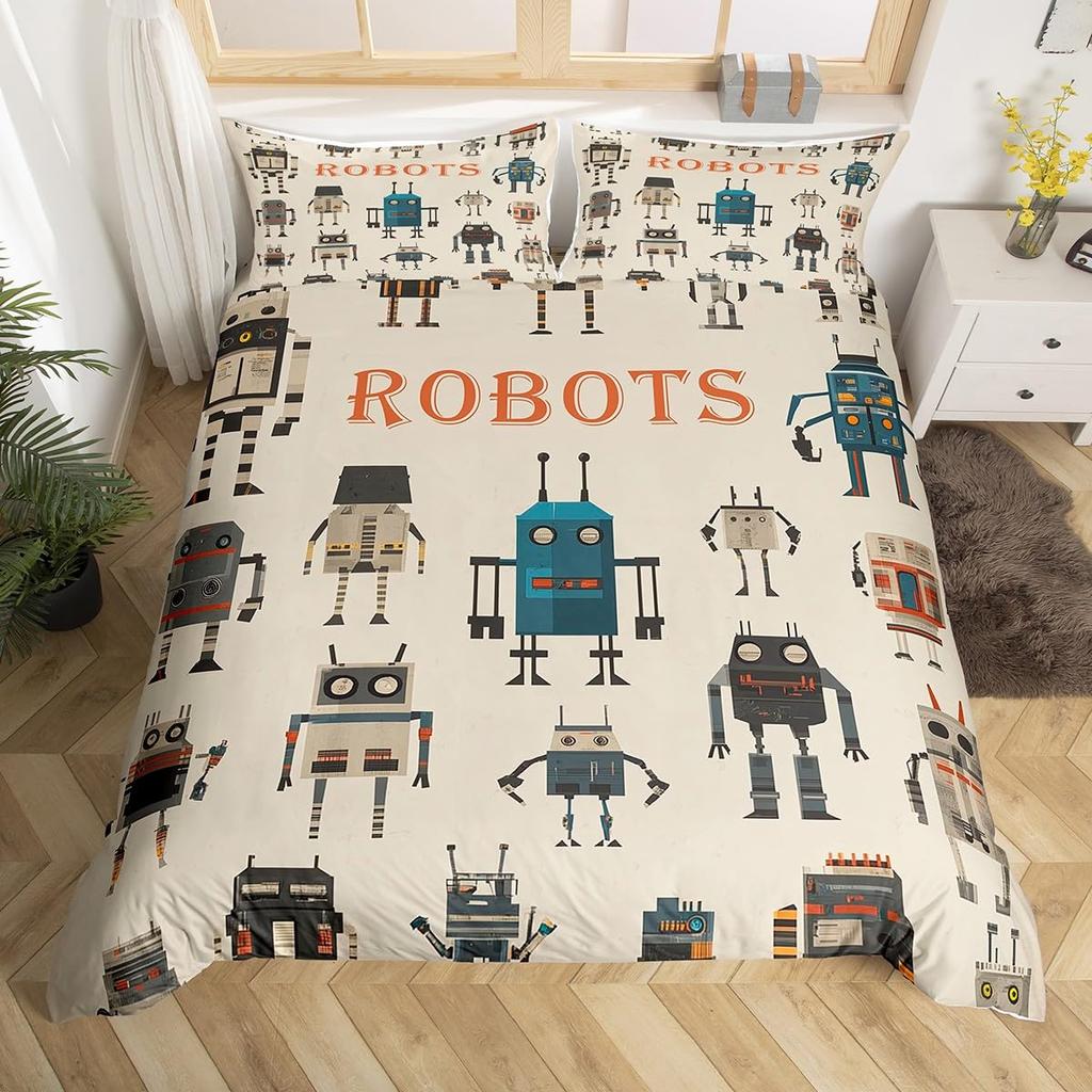 Cartoon Robot Duvet Cover Watercolor Screw Tools Bedding Set Modern Sci-Fi Robot Comforter Cover For Kids Polyester Quilt Cover