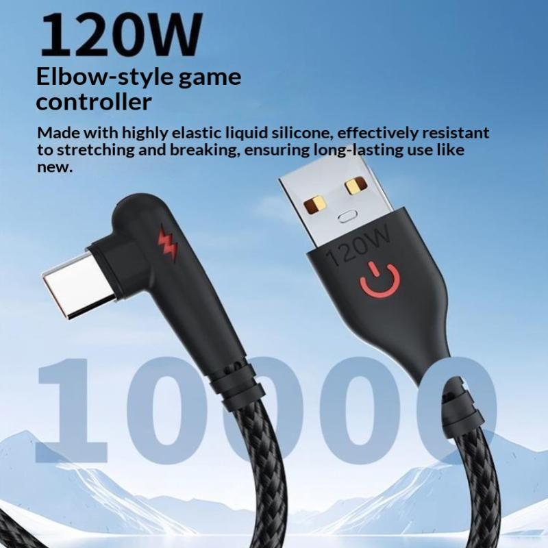120W Fast Charging Usb To C Cable, Nylon Braided, 90 ° Bend Design Type-C Fast Charging Data Cable For Phone