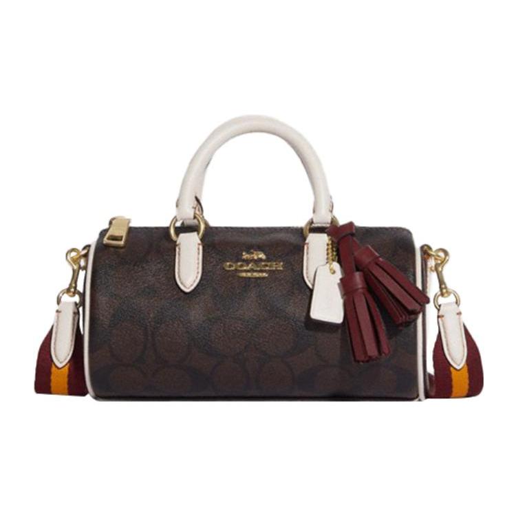 New COACH Lacey Artificial Leather Boston Bag, Handbag, Shoulder Bag, Crossbody Bag Trumpets Women's Brown & Chalk White CB874-IMDGQ