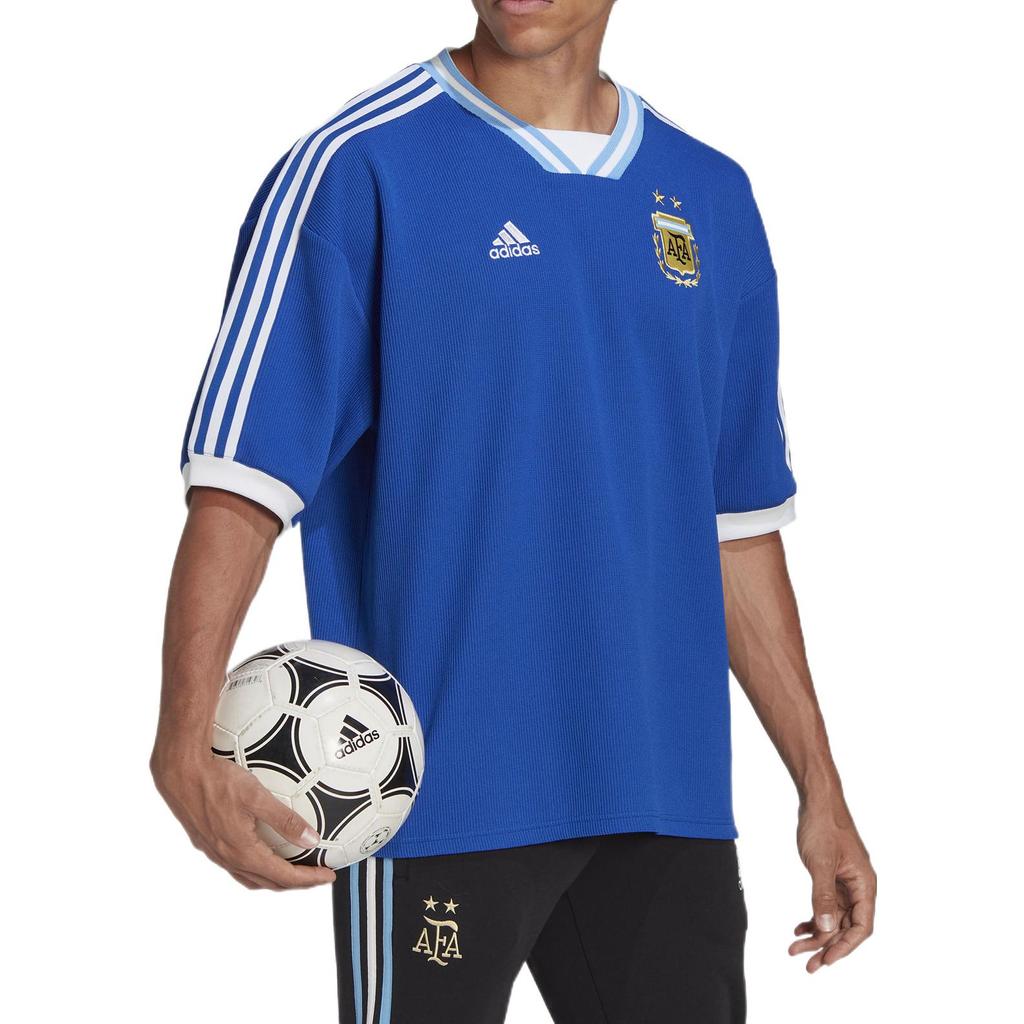 Adidas Argentina Team Logo Embroidered Striped Short Sleeve Soccer Jersey Men Tops Blue HG4239