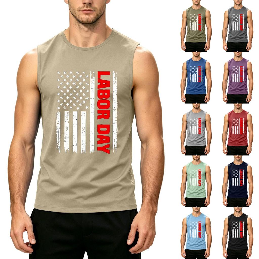 Men's Sleeveless Casual Tank Top with Printed American Flag and Labor Day Text Comfortable Fit for Summer Outdoor Activities