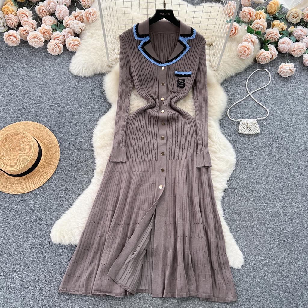 Autumn Winter Wear Embroidery Letter Knitted Sweater Dress Women Polo Single Breasted Designer Temperament Long Dresses