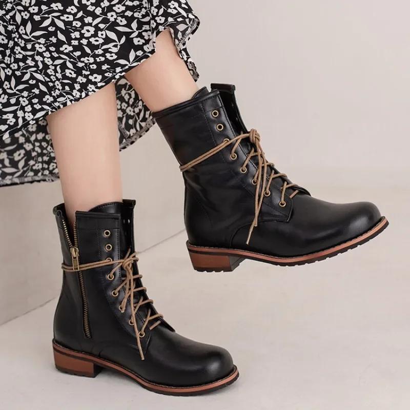 Plus Big Size 34-48 Combat Boots Side Zipper Women Boots Casual Cross Strap Short Boots Cowboy Boots Ankle Boots for Women