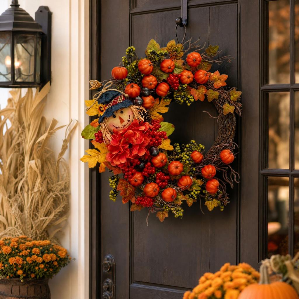 Pumpkin Wreath with Leaves, Berries and Twigs for Fall Home Decor