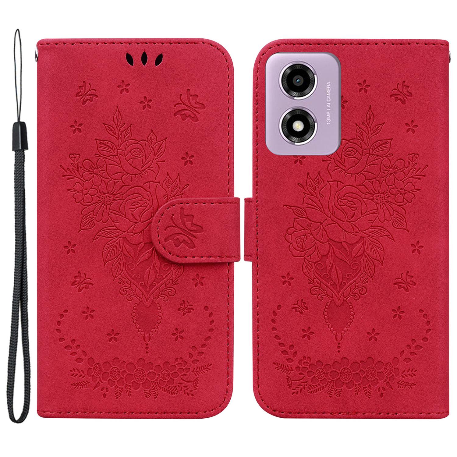 

For Motorola Moto G04s 4G/E14 4G Wallet Case PU Leather Phone Cover Butterfly Flower Imprint Red