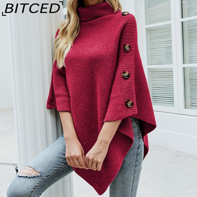 BITCED Autumn/Winter Women's Shawl Cape Sweater Solid-Colour High-Neck Knitted Cardigan