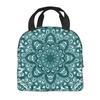 Cyan Boho Mandala Floral Print Lunch Bags Insulated Bento Box Lunch Tote Leakproof Picnic Bags Thermal Bag for Woman Girl School