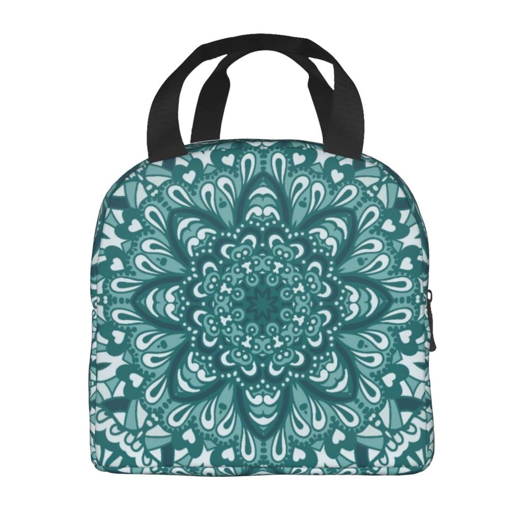 Cyan Boho Mandala Floral Print Lunch Bags Insulated Bento Box Lunch Tote Leakproof Picnic Bags Thermal Bag for Woman Girl School