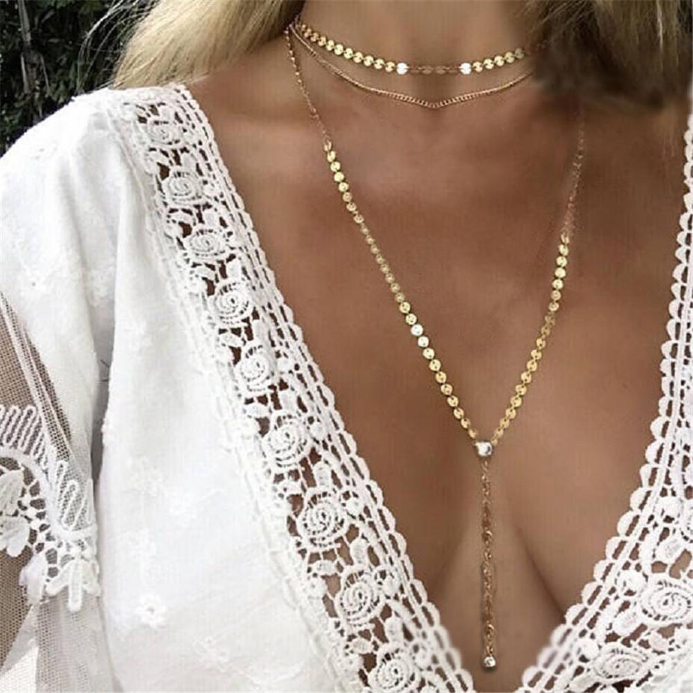 Stainless Steel Sexy Multilayer Sequins Chain Tassel Crystal Pendant Necklace For Woman Y Shape Disc Choker Necklace