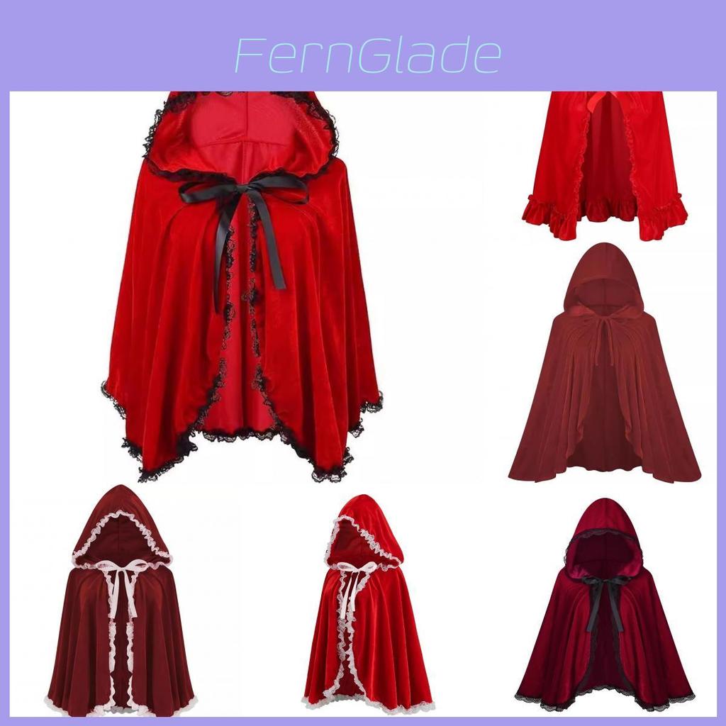 Elegante Mantello con Cappuccio in Velluto Rosso per Donna con Pizzo Arricciato e Bordi a Volant per Tutte le Stagioni