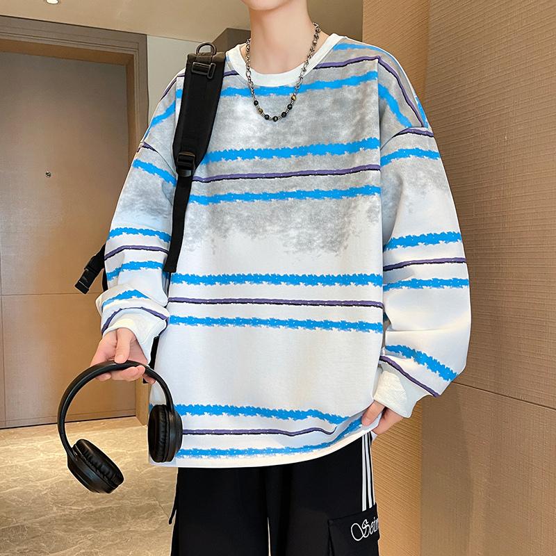 Men's Casual Sweatshirt Versatile Pullover Round Neck Long-sleeved T-shirt Contrasting Color Top