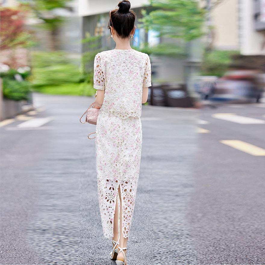 Hollow suit women's summer new design temperament socialite short-sleeved top skirt two-piece set