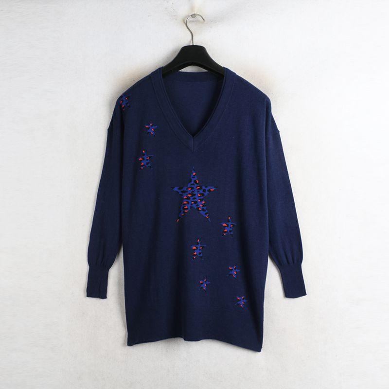 

Sunshine House Spring Export European and American plus Size Women s Clothes Five-Pointed Star Mid Length Long Length Knitwear Pullover Sweater Loose Dark Blue Bust size 112