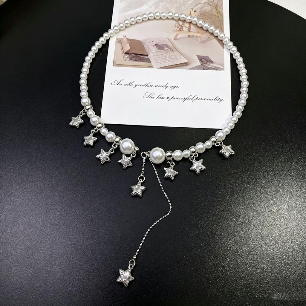Rhinestone‑Star Water‑Drop Tassel Imitation‑Pearl Women Necklace, Sweet‑Cool High‑Sense Niche‑Designed Collarbone‑Chain Neck Accessories