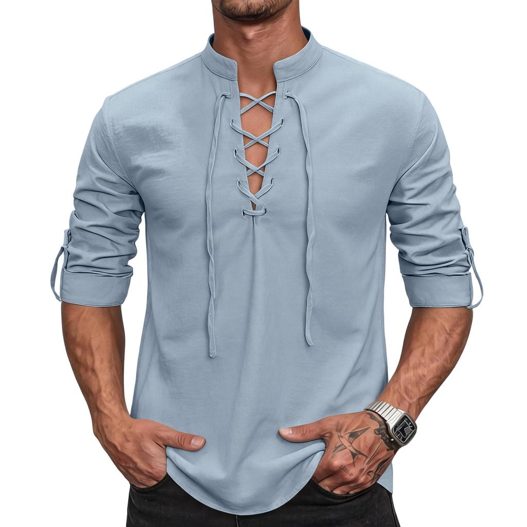 Men's Long Sleeve Shirt - Cotton Linen, Vintage , Button Stand Collar
