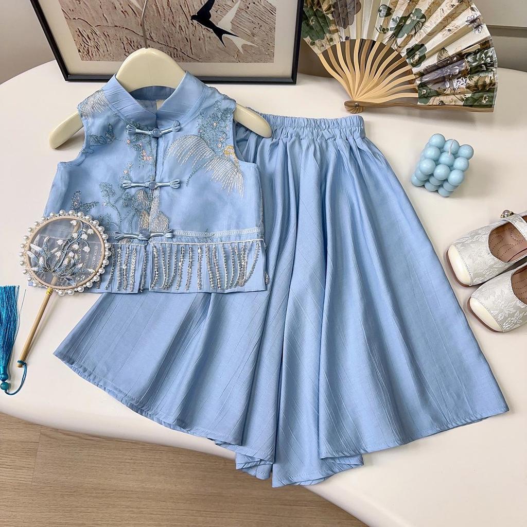 Girls' Summer Embroidered Tassel Vest & Long Pants Set