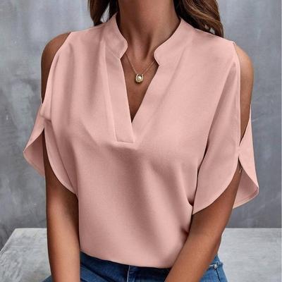 Damen Sommer Einfarbiges Shirt V-Ausschnitt Schulterfrei Lockeres Oberteil für Sommer