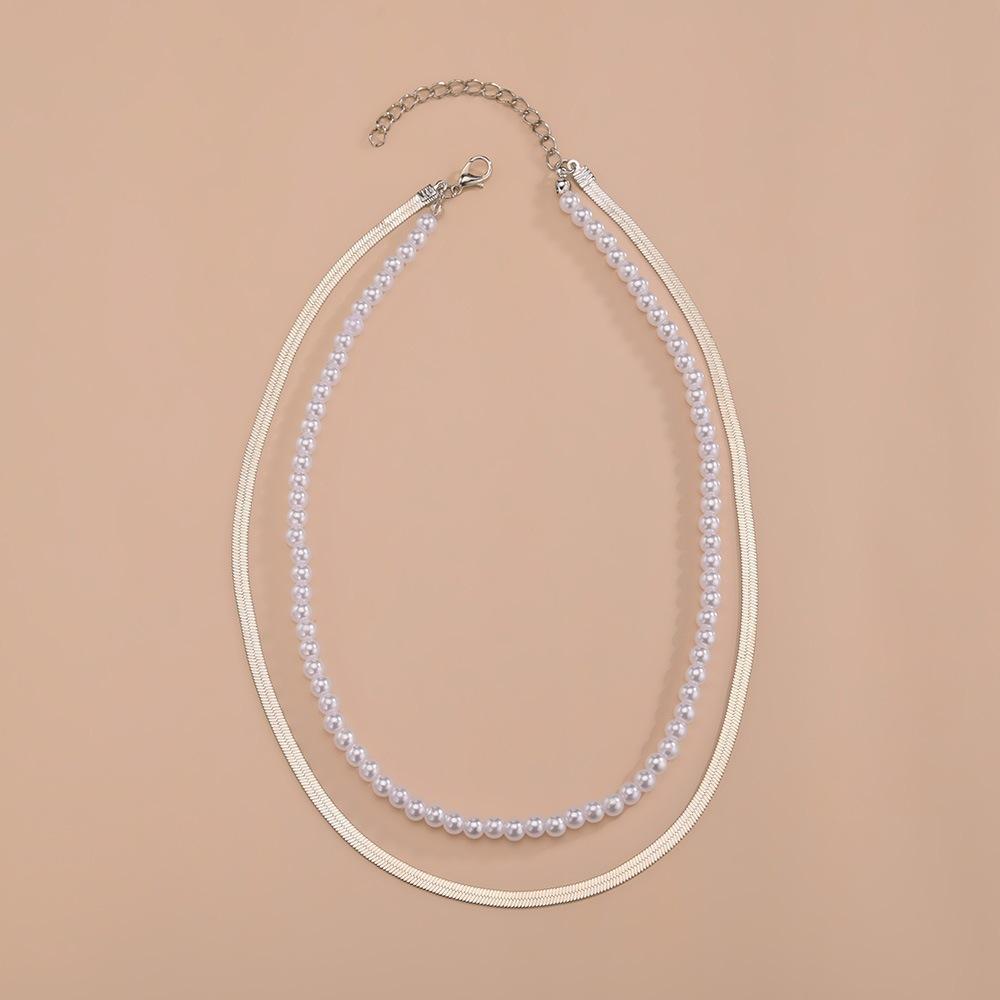 Simple necklace popular imitation pearl beaded alloy chain women's double necklace accessories batch