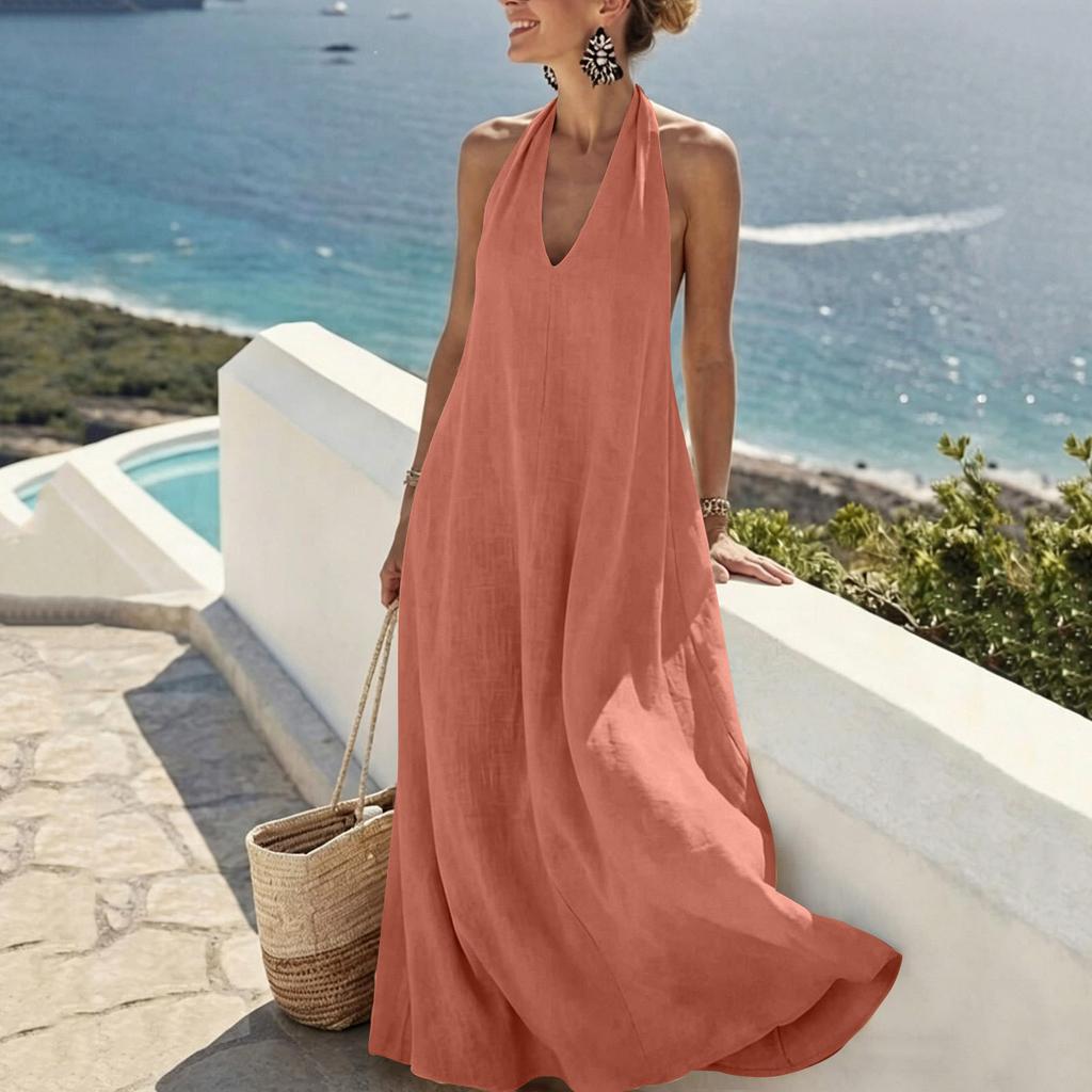 Women's Casual Sleeveless Loose Fit V Neck Maxi Dress with Pockets Lightweight Summer Long Dress for Daily Wear