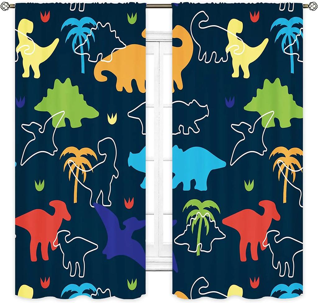 2 Pieces Cartoon Cute Dinosaur Polyester Fabric Cloth Curtain for Living Room Bedroom Nursery Room Kindergarten Free Shipping