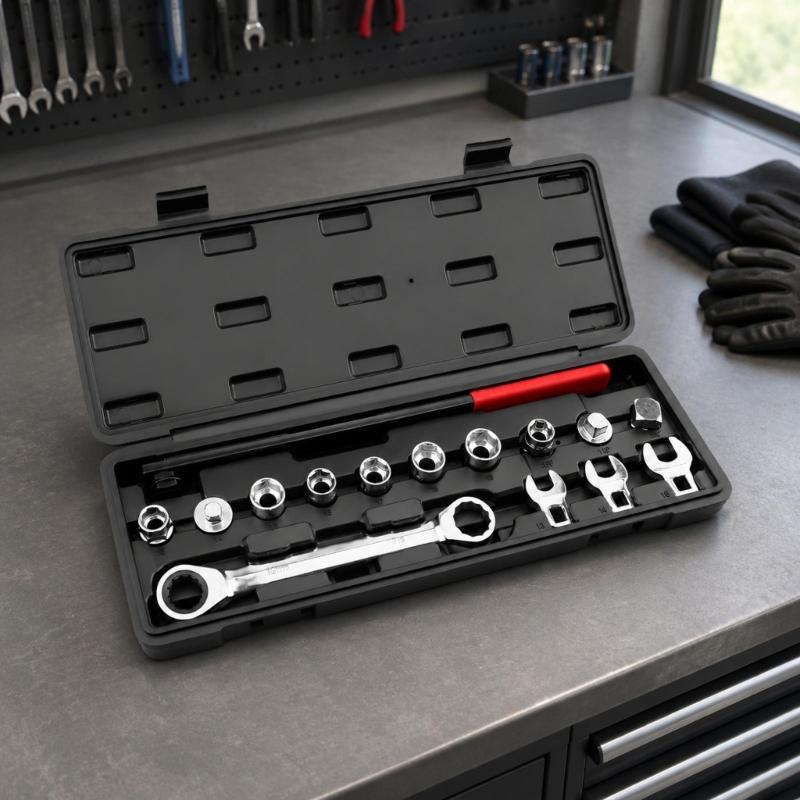 Spring Tensioner Removal and Adjustment Service Kit with Extension Bar, Drive Pieces, Crowfoot Heads, and Blow-Molded Storage Case