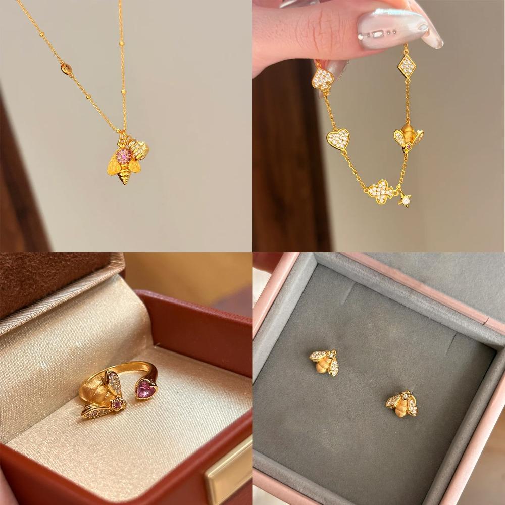 Women Jewelry Set Italian Crafted Bee Necklace Diamond Heart Bracelet Pink Gem Ring Earrings Fashion Accessories