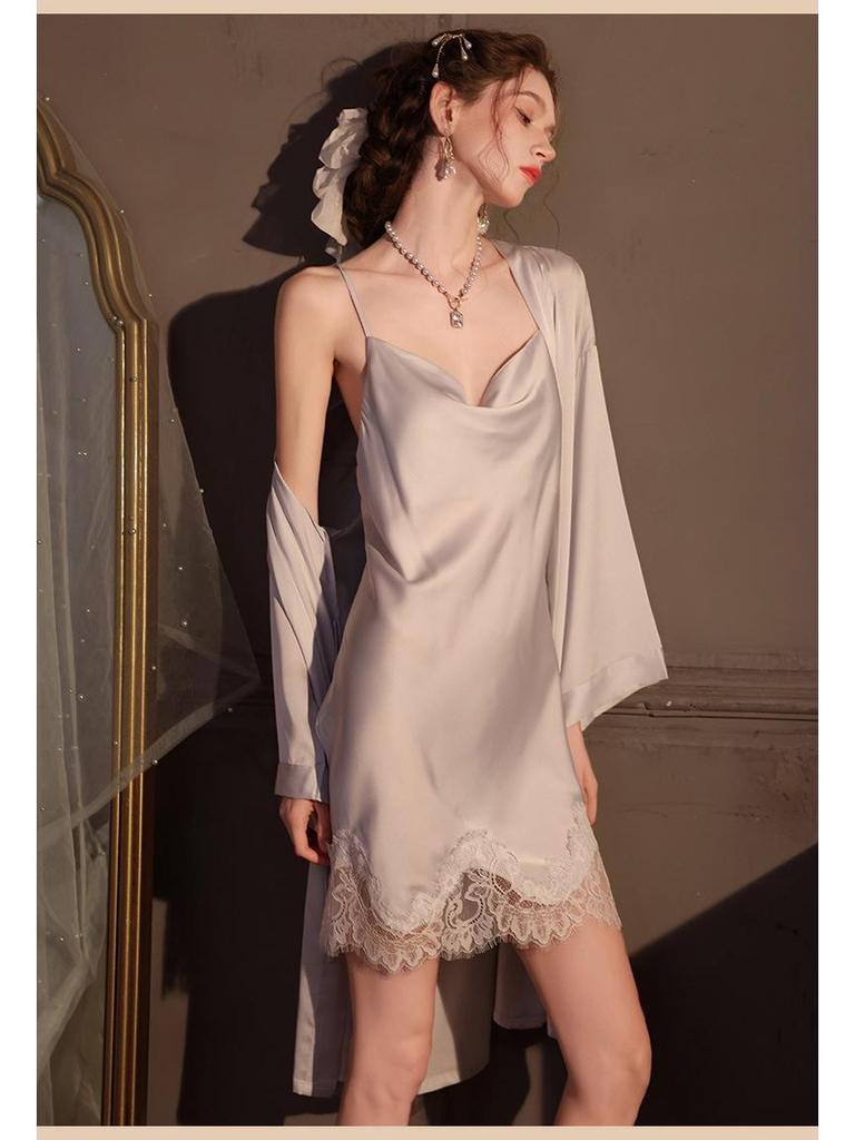 Women's Lace Trim Ice Silk Pajama Set with Robe - Spring/Summer/Autumn