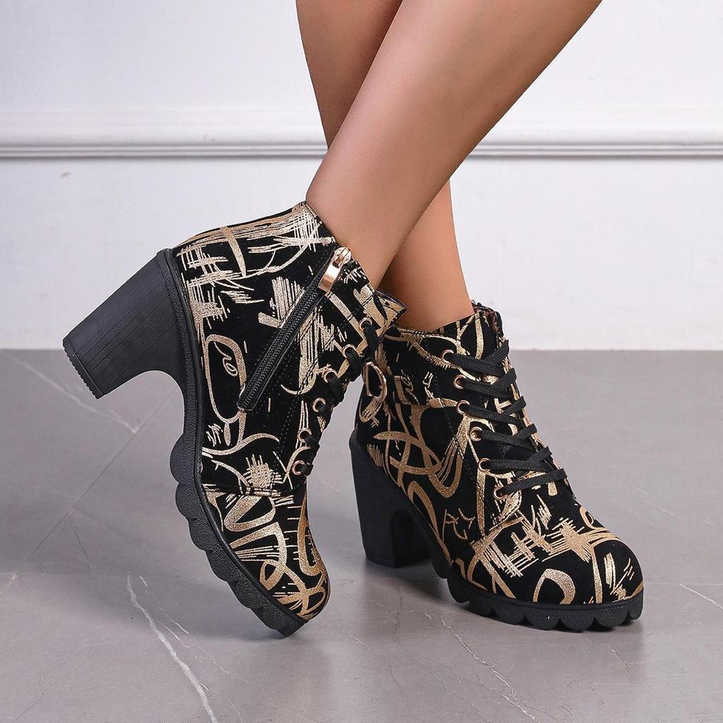 Autumn Winter Plus Size Women's PU Printed Graffiti Thick Soled Snow Boots Comfortable Warm Round Headed Short Tube Martin boots 36-42