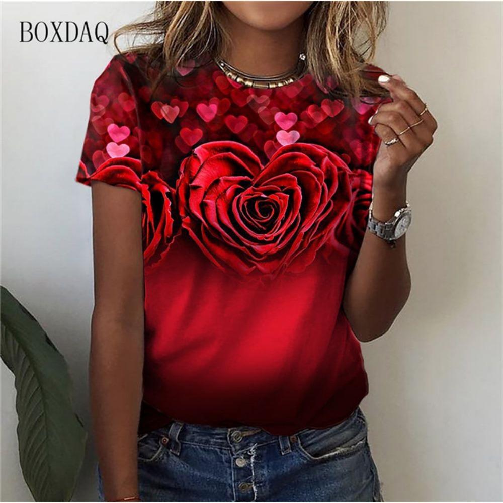 Love Heart Floral Pattern Women Fashion T-Shirts Summer Short Sleeve 3d Print Street Trend Ladies Tees Casual Tops