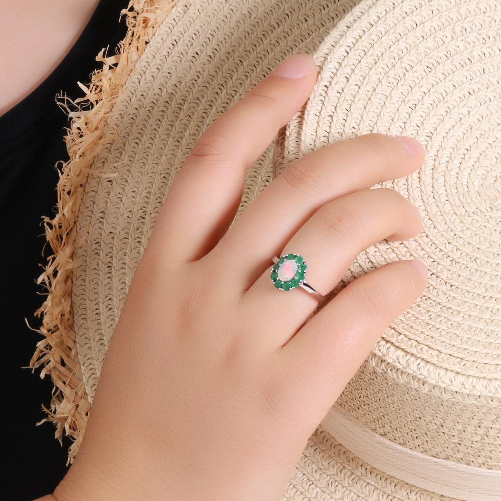Inel superb din argint sterling 925 cu design floral, opal natural, smarald, pietre prețioase reale, bijuterii fine pentru cadouri de aniversare pentru femei