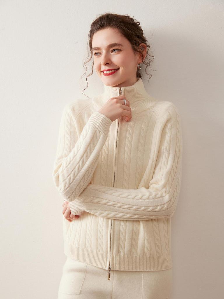 Cashmere Cable Knit Zipper Cardigan - Women's Autumn/Winter 2025, Half-High Neck, Gentle Style.