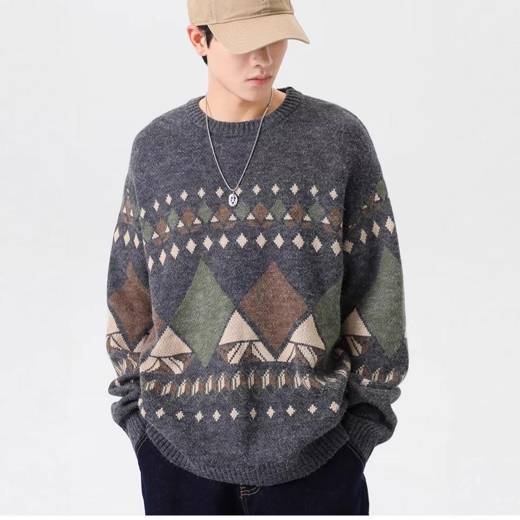 

Men s Retro Ethnic Sweater - Loose Fit, Plus Size, Autumn/Winter Knitwear M сірий колір