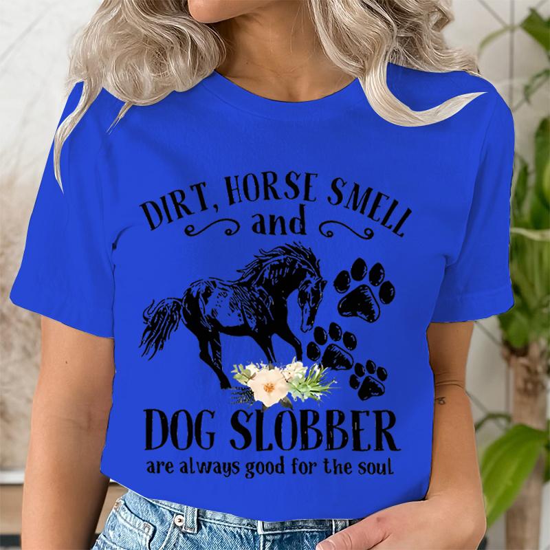 Horse Smell and Dog Slobber TShirts Women Dog Paw Floral Tshirts Short Sleeve Trendy Tee Shirt Tops Women Wild Horse T Shirts