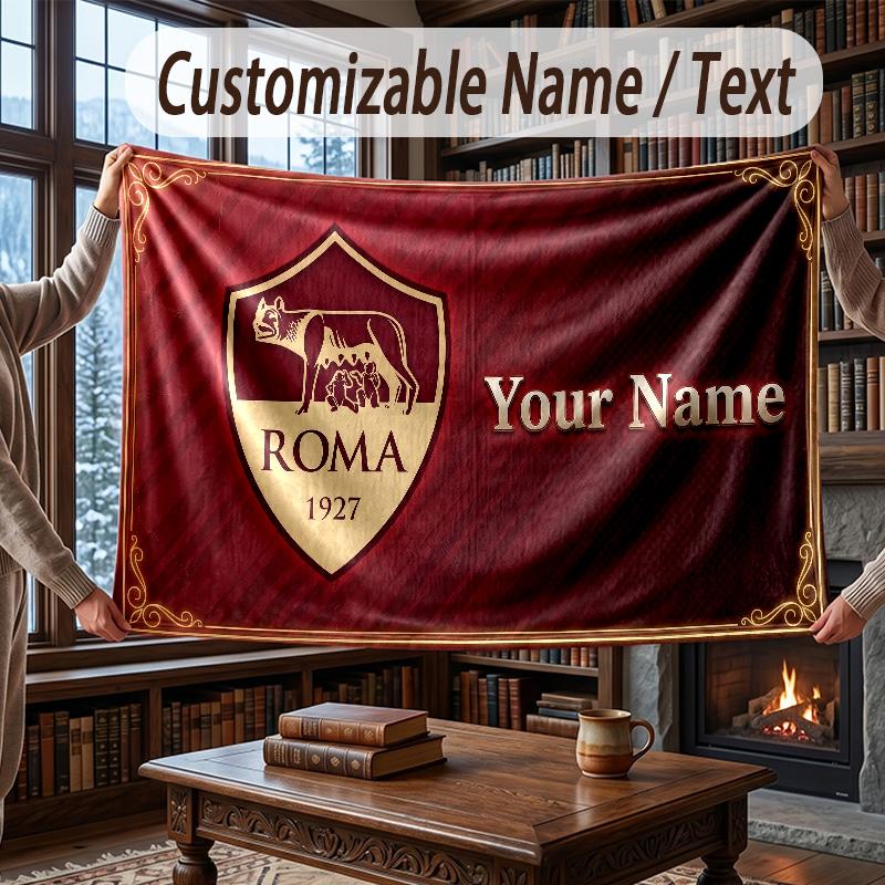 Custom Name Flannel Throw Blanket AS Roma FC Pattern Warm Home Decoration