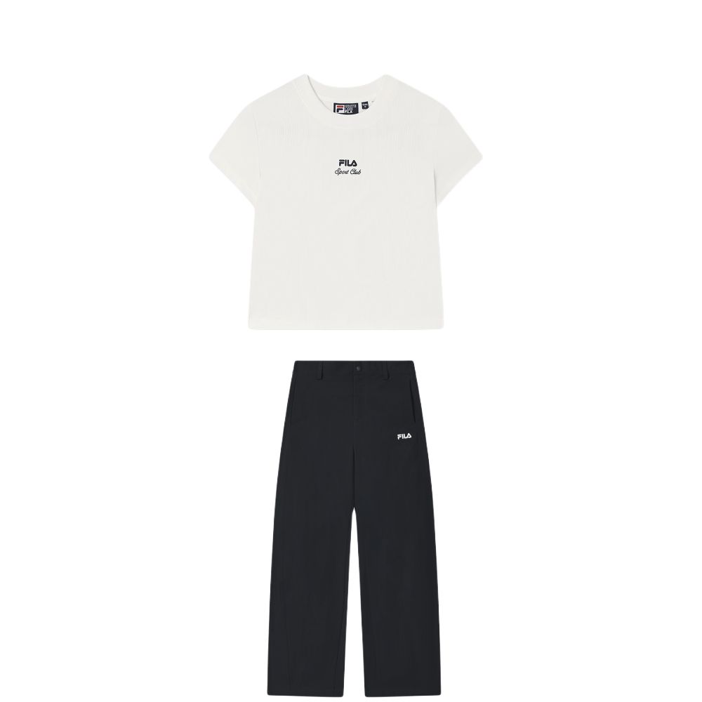 

Fila Оригинальная трикотажная футболка с коротким рукавом и круглым вырезом и длинные брюки со средней посадкой, повседневный комплект женский F11W539103F-WT+F11W539801F-NV S