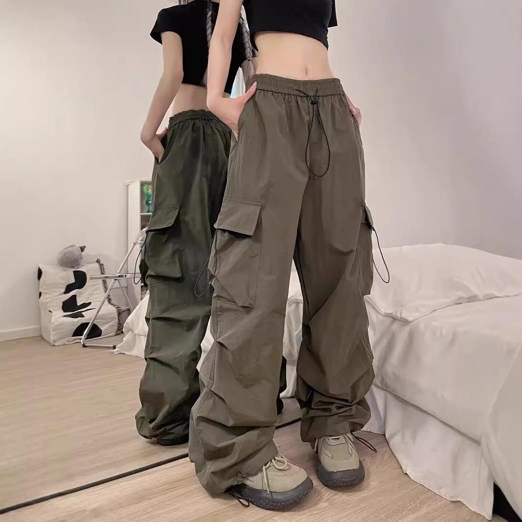 Женские американские ретро плиссированные брюки-джоггеры с широкими штанинами - стиль хип-хоп, повседневные и универсальные M армия зеленый