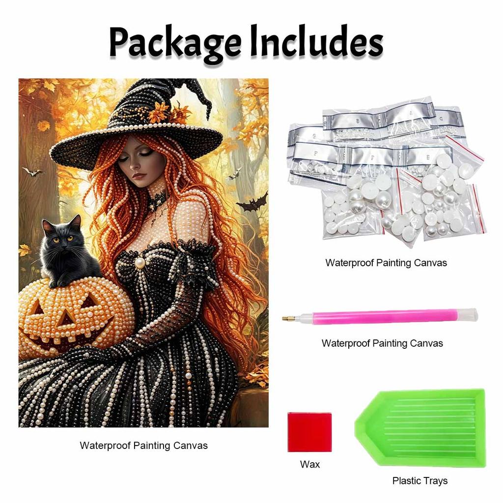 Halloween pearl painting art full pearl handmade diy home decorations witch with black cat and pumpkin ornament