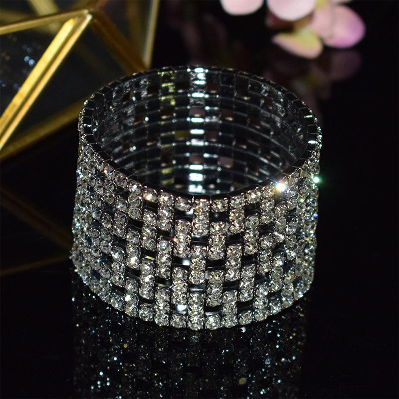 Europe and America Cross Border Fashion Multi-Layer Elastic Hollow Rubber Band Full Rhinestone Bracelet Exaggerated Wide Bangle