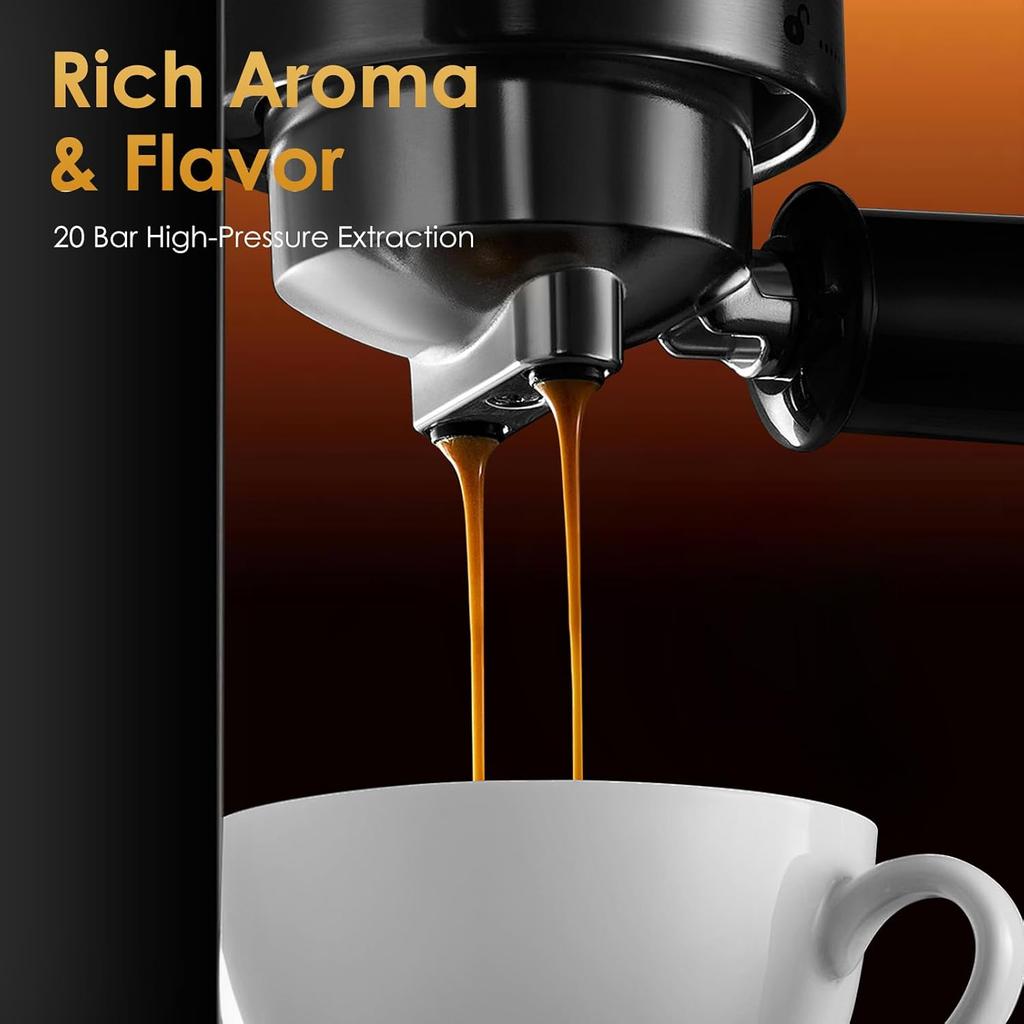 Espresso Machine with Milk Frother, 20 Bar, Fast Heating Coffee Maker for Cappuccino, Latte & Iced Coffee