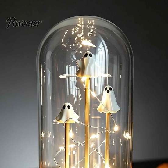 Festival Theme Decoration Halloween Indoor Light Up Ghost in Dome Cloche, Cute 3 Mini Figurine Party Supplies Night with Warm LED for Home Table