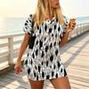 Women's Black & White Short-Sleeve V-Neck Slim Fit Bodycon Mini Skirt, Versatile Soft Comfy for Daily, Vacation & Short Trips.